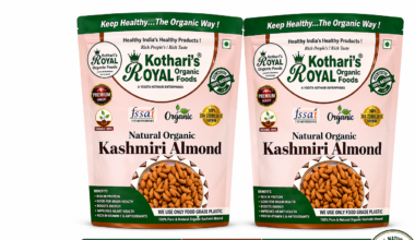Kothari's Royal Organic Kashmiri Almonds Pack of 2 featuring premium whole natural badam in resealable food-grade pouches, 200g each.