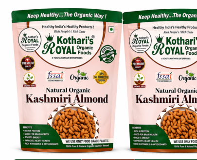 Kothari's Royal Organic Kashmiri Almonds Pack of 2 featuring premium whole natural badam in resealable food-grade pouches, 200g each.