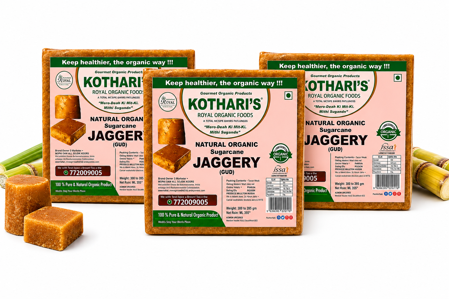 Kothari's Royal Organic Jaggery Pack of 3 | Natural Sugarcane Gud (990g Each) | Total 2990g | Chemical-Free Traditional Jaggery