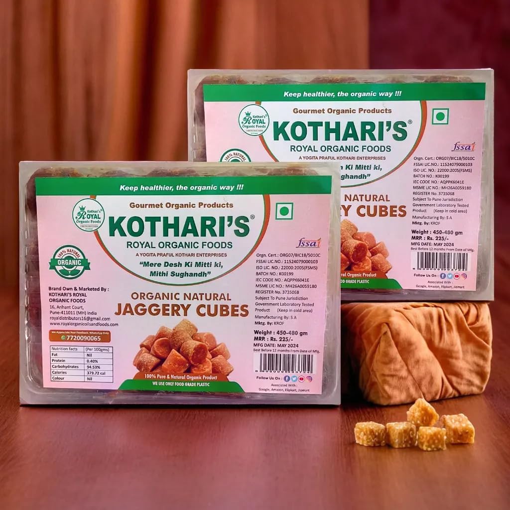 Kothari's Royal Organic Jaggery Cubes made from 100% natural sugarcane, chemical-free unrefined jaggery cubes for healthy sweetening, cooking, and traditional Indian recipes.