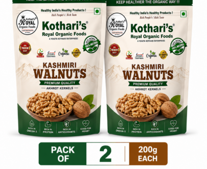 Kothari's Royal Organic Foods Kashmiri Walnuts Pack of 2, 200g each (Total 400g), premium natural Akhrot kernels rich in Omega-3, protein, antioxidants, and healthy fats.