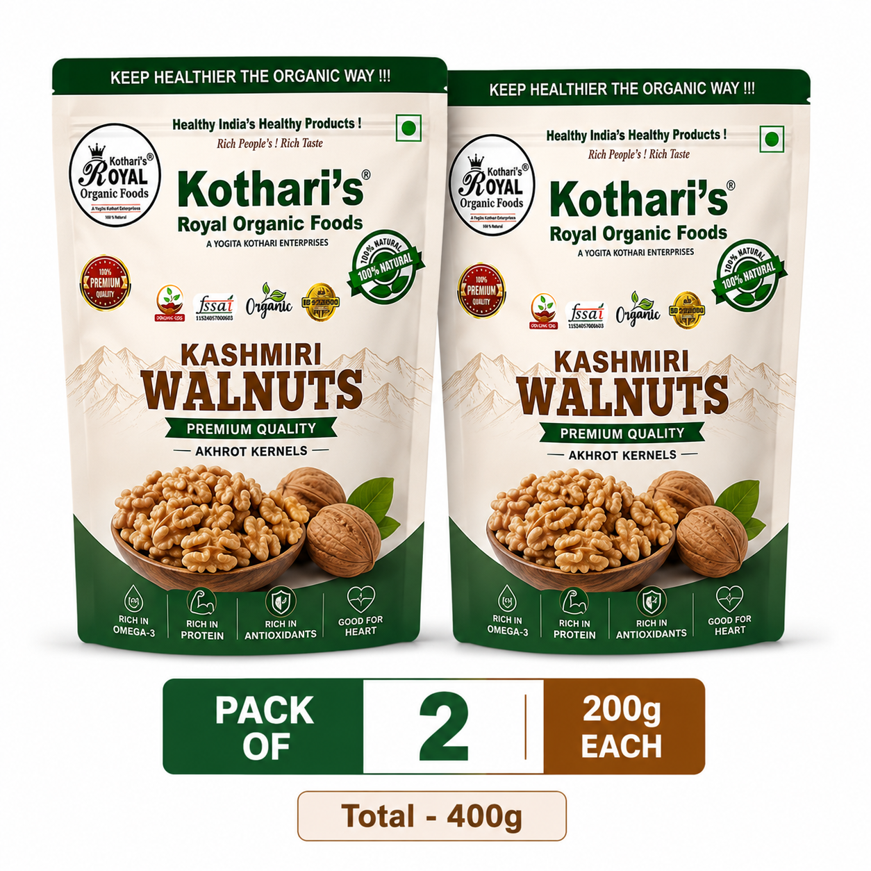 Kothari's Royal Organic Foods Kashmiri Walnuts Pack of 2, 200g each (Total 400g), premium natural Akhrot kernels rich in Omega-3, protein, antioxidants, and healthy fats.